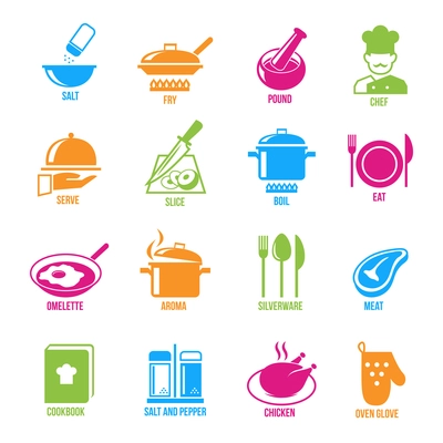 Cooking kitchen and restaurant icons set with salt fry chef serve slice boil  isolated vector illustration