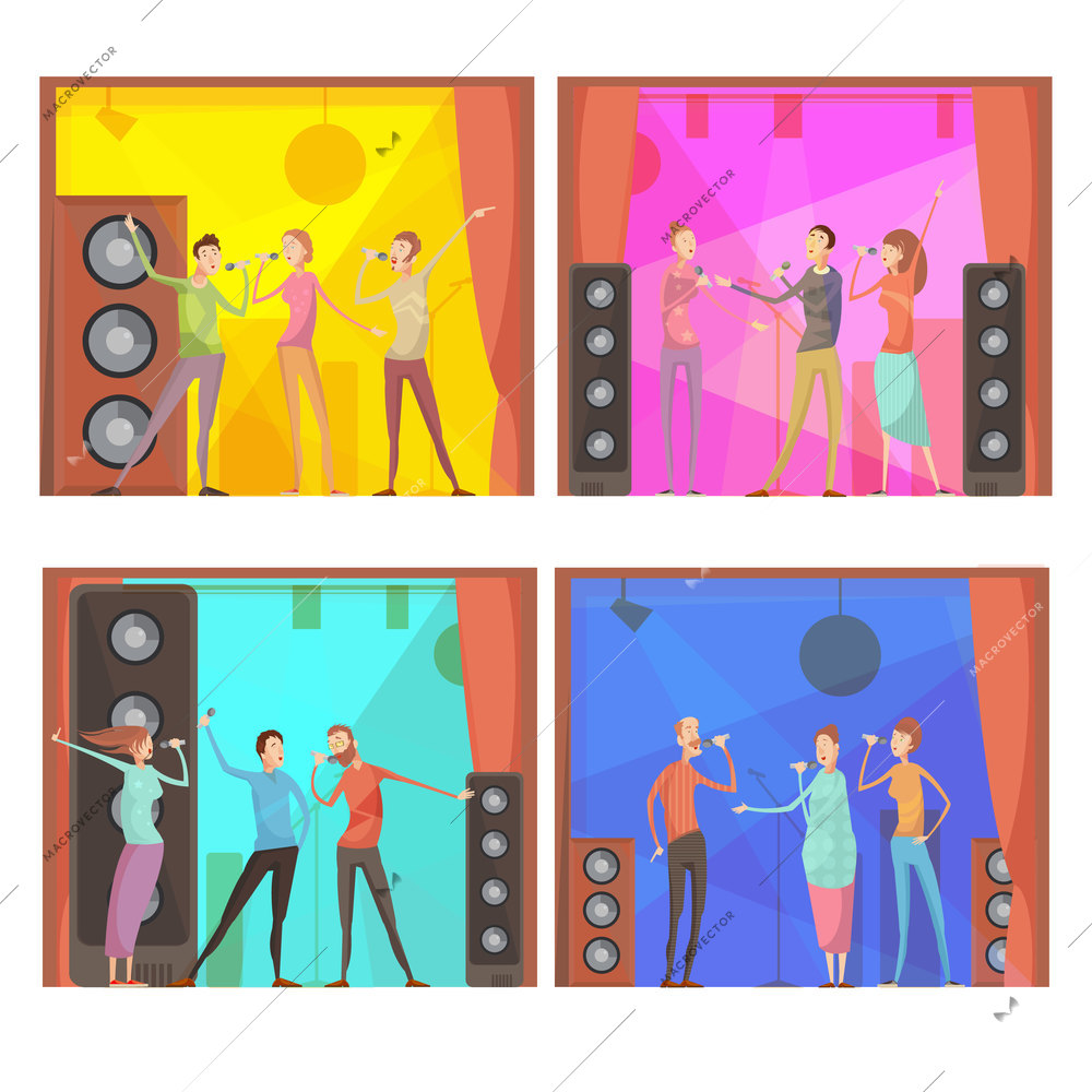 Set of four flat karaoke party compositions with group of singing friends characters in club interior vector illustration