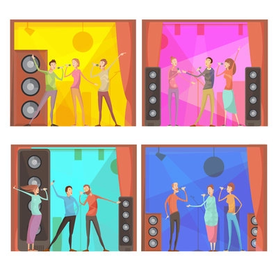 Set of four flat karaoke party compositions with group of singing friends characters in club interior vector illustration