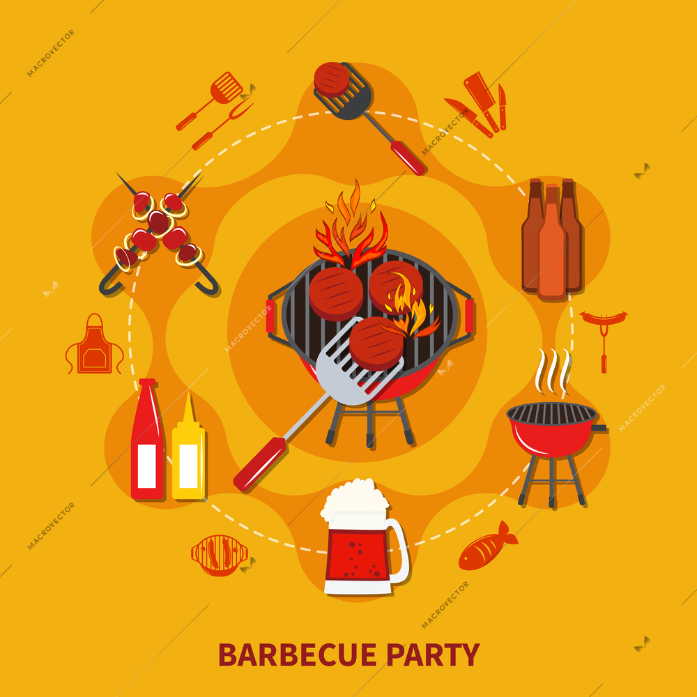 Barbecue  party flat with cooking on open fire with necessary objects and foods vector illustration