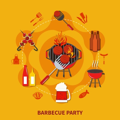 Barbecue  party flat with cooking on open fire with necessary objects and foods vector illustration