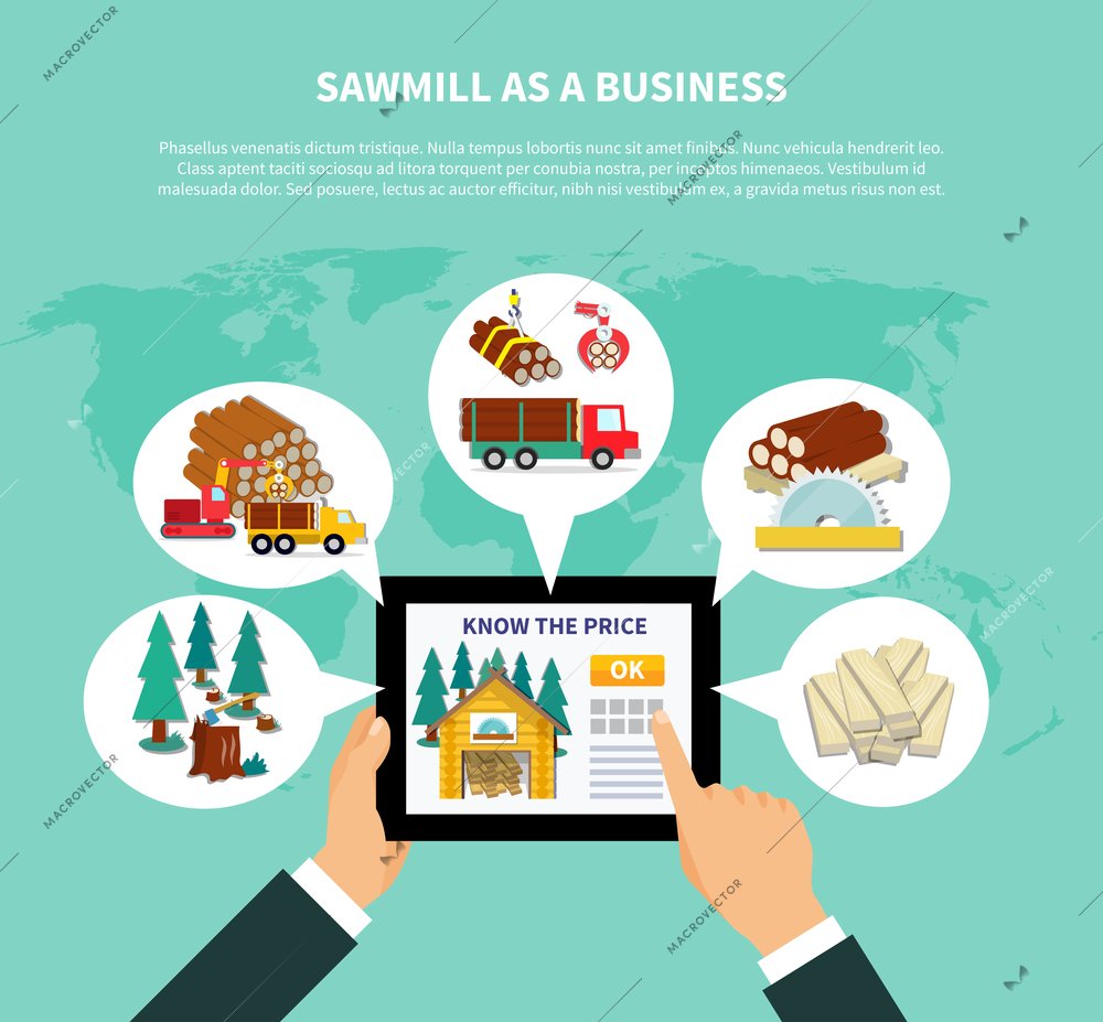 Sawmill as a business composition with businessman s hands holding tab and viewing website on know the price page vector illustration