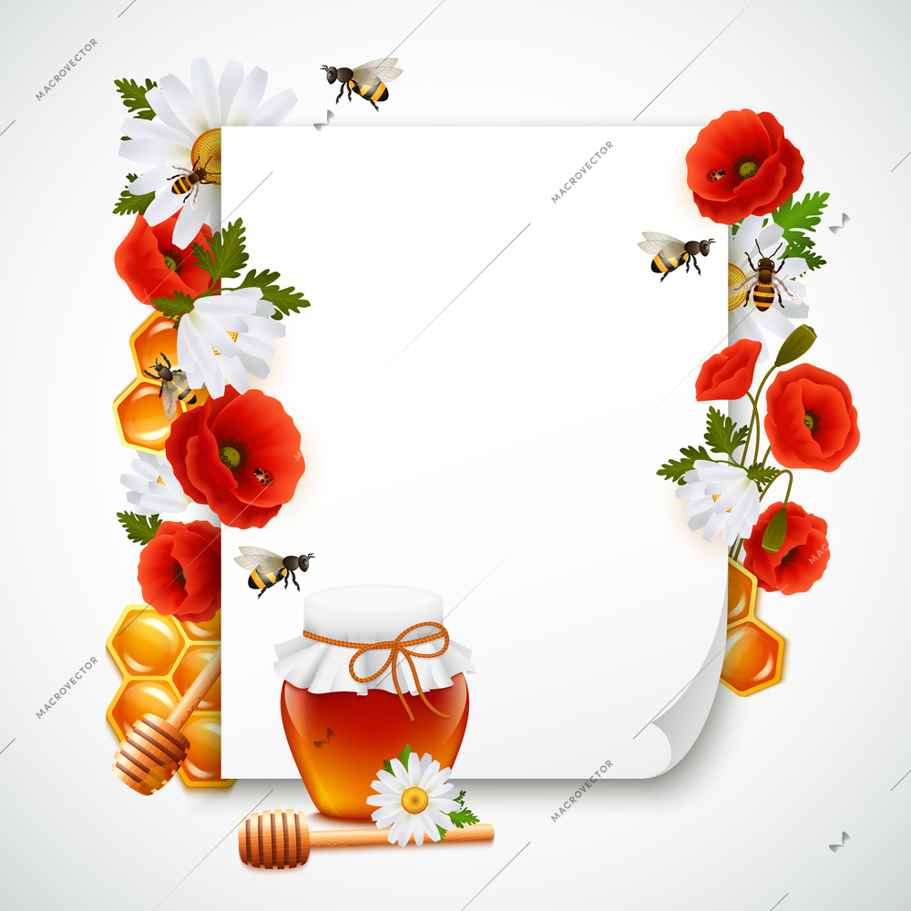 Paper and honey composition with floral patterns honeycomb and different stylish elements around white paper sheet vector illustration