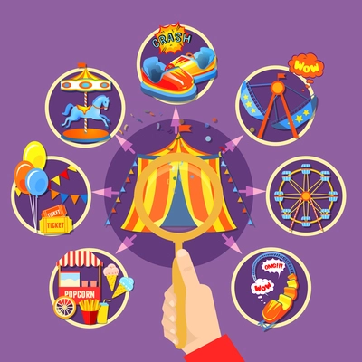 Circus potential layout with food and attractions isolated vector illustration