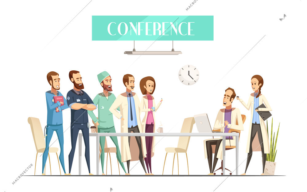 Medical conference with audience near table and lecturer with computer and assistant cartoon retro style vector illustration