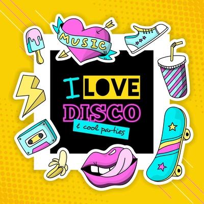 Fashionable patch disco design with heart skateboard sneakers pink blue cool party symbols composition poster vector illustration