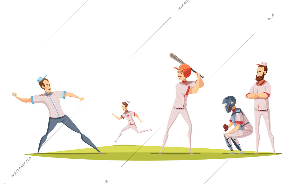 Baseball players design concept with cartoon sportsman figurines engaged in game on sports field flat vector illustration