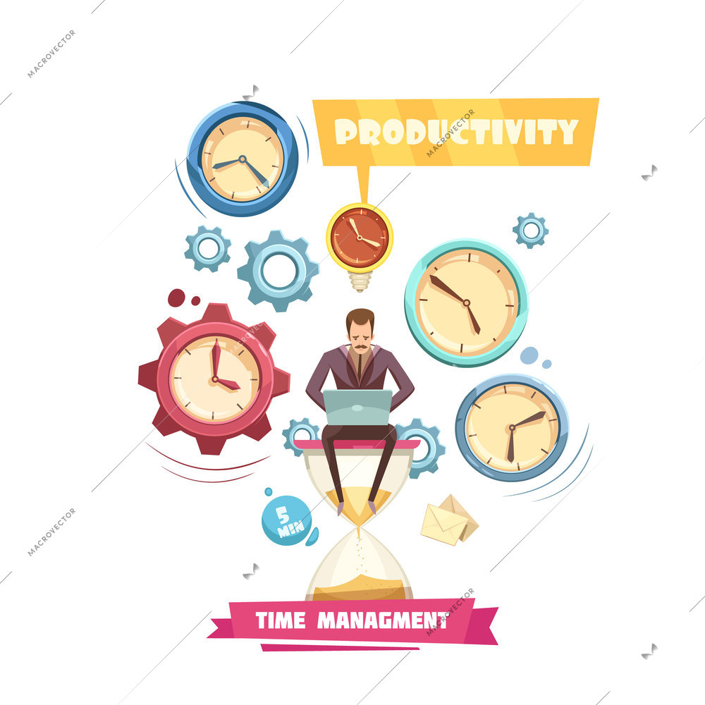 Time management retro cartoon concept with productivity of man sitting on hourglass on white background vector illustration