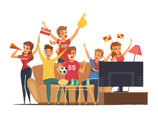 Colored sport fans watching tv on couch composition people with flags make up vector illustration