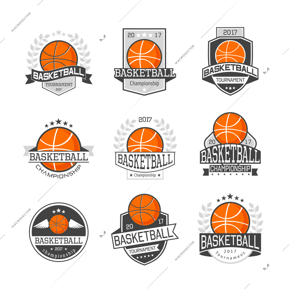 Set of emblems basketball competitions in orange grey colors with ball wreath ribbon star isolated vector illustration