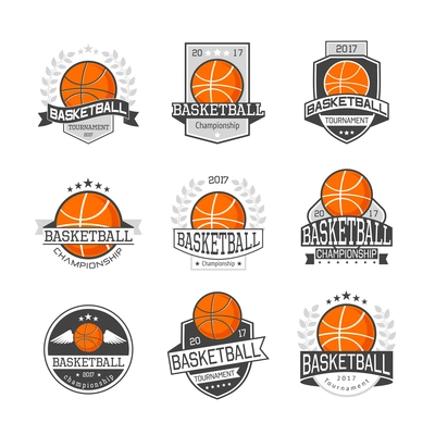 Set of emblems basketball competitions in orange grey colors with ball wreath ribbon star isolated vector illustration