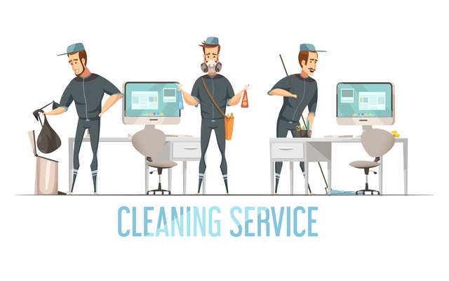 Cleaning service design concept with male person in uniform doing removal of waste cleaning and disinfection of premises flat vector illustration