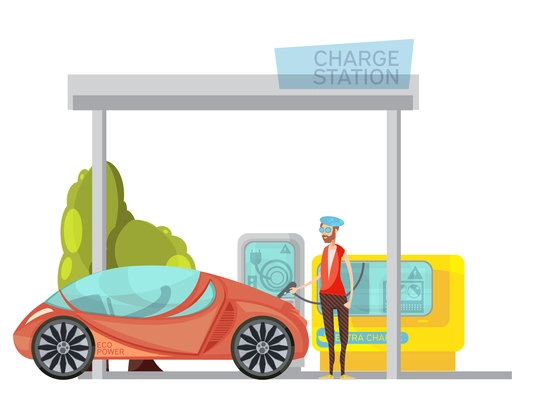 Eco frienly electro car and its owner at charge station on white background flat vector illustration