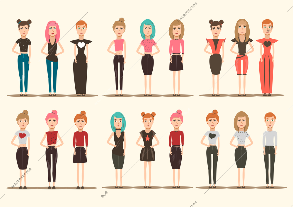 Catwalk fashion models female flat characters set with different hair and clothes style isolated with shadows vector illustration