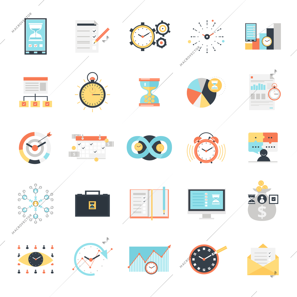 Time management icons set with charts analysis and optimization goals and priorities computer technologies isolated vector illustration