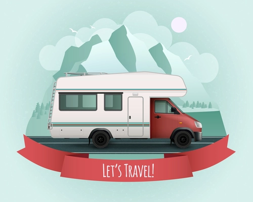 Colored recreational vehicle poster with red ribbon and let s travel description vector illustration