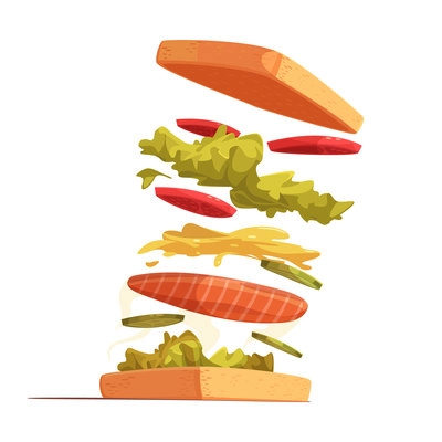 Sandwich ingredients composition with bread red fish sliced vegetables leaves of salad and mustard sauce vector illustration