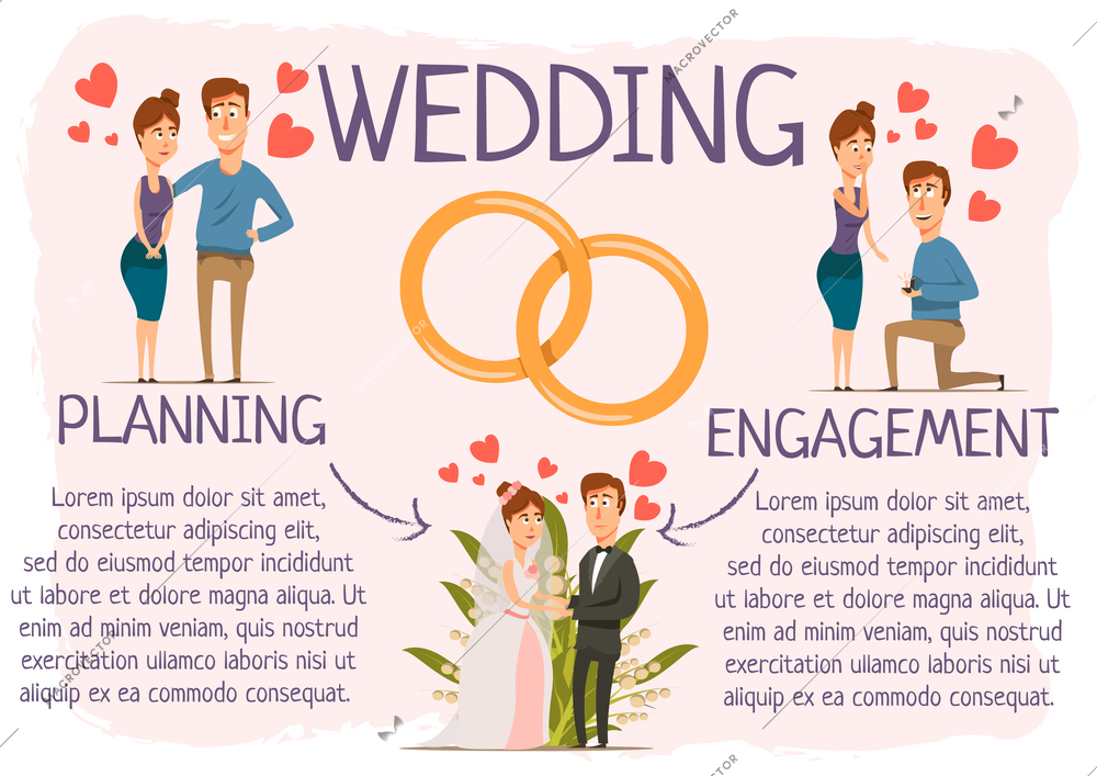 Marriage infographics with hand drawn style dating stages with couple characters planning process and engagement rings vector illustration