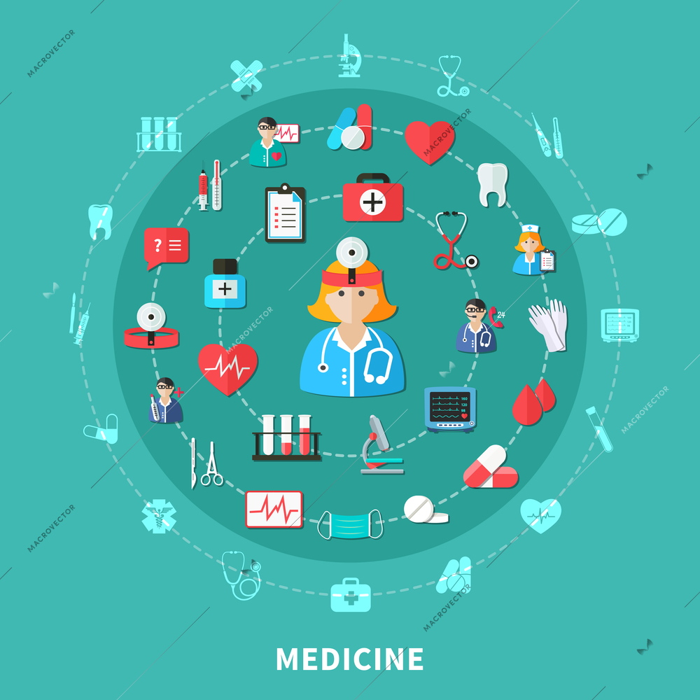 Medicine flat round composition with doctors working tools and equipment emergency care on green background vector illustration