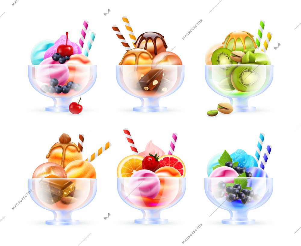Sherbet glass assortment realistic images with colorful ice cream fruity cocktails of different colour and toppings vector illustration