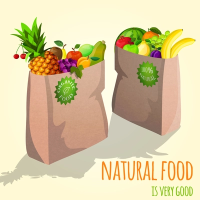 Natural organic fruits in paper shopping bag with lemon pineapple orange cherry vector illustration