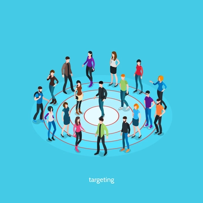 Targeting isometric template with people crowd on target and one person in center isolated vector illustration