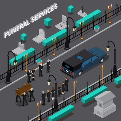 Funeral services isometric composition with workers carrying coffin and people during ceremony car on road vector illustration