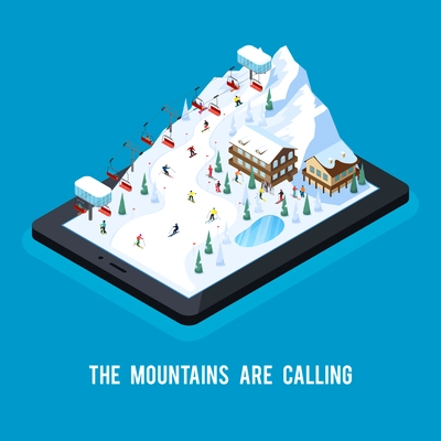 Skiing resort isometric conceptual composition with snowy mountain scenery with ropeway on top of tablet screen vector illustration