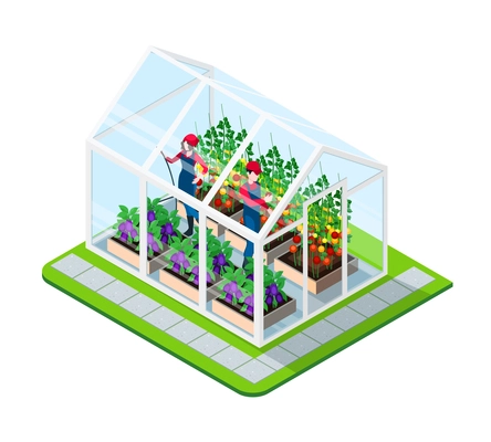 Greenhouse isometric concept with flowers and working people inside building isolated vector illustration