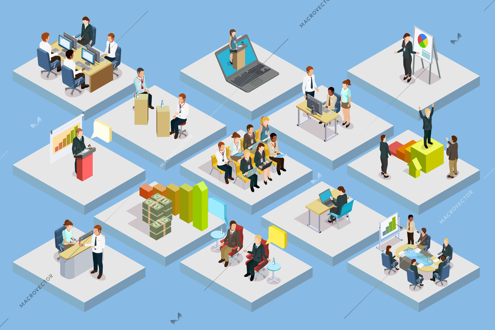 Business training isometric set with staff coaching and learning on gray squares isolated vector illustration