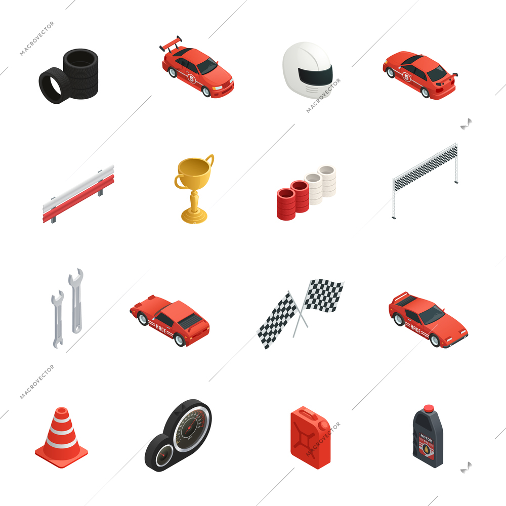 Sixteen isolated car race isometric icons set with tyres cars oil cans winner cup and helmet vector illustration