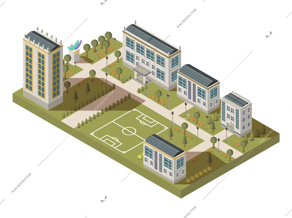 Isometric university big composition with campus yard lanes houses with shadows and football playground vector illustration