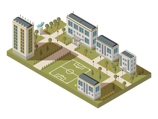 Isometric university big composition with campus yard lanes houses with shadows and football playground vector illustration