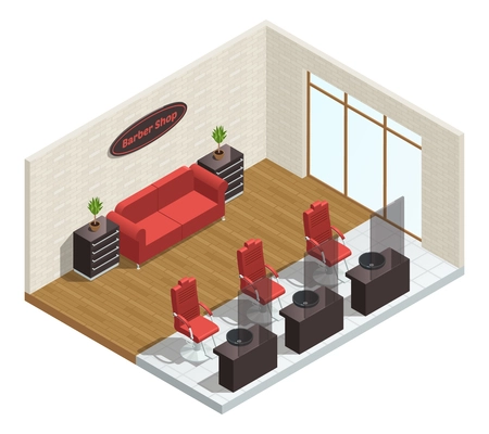 Barbershop salon isometric interior composition with red barbers chairs sofa indoor plants window and studio logotype vector illustration