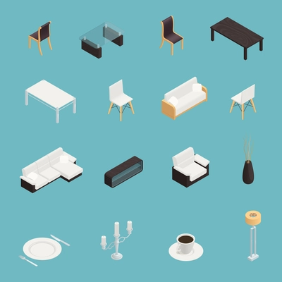 Dining room interior isometric icons set on blue background isolated vector illustration