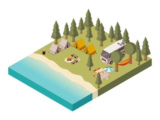 Camp near lake with van tents and bonfire umbrella table and chairs picnic baskets   isometric vector illustration