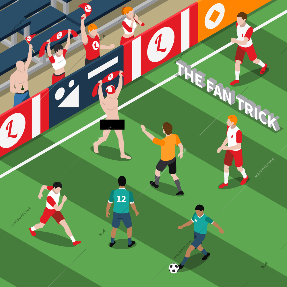 Trick of sports fan isometric composition with naked man on field during soccer match vector illustration