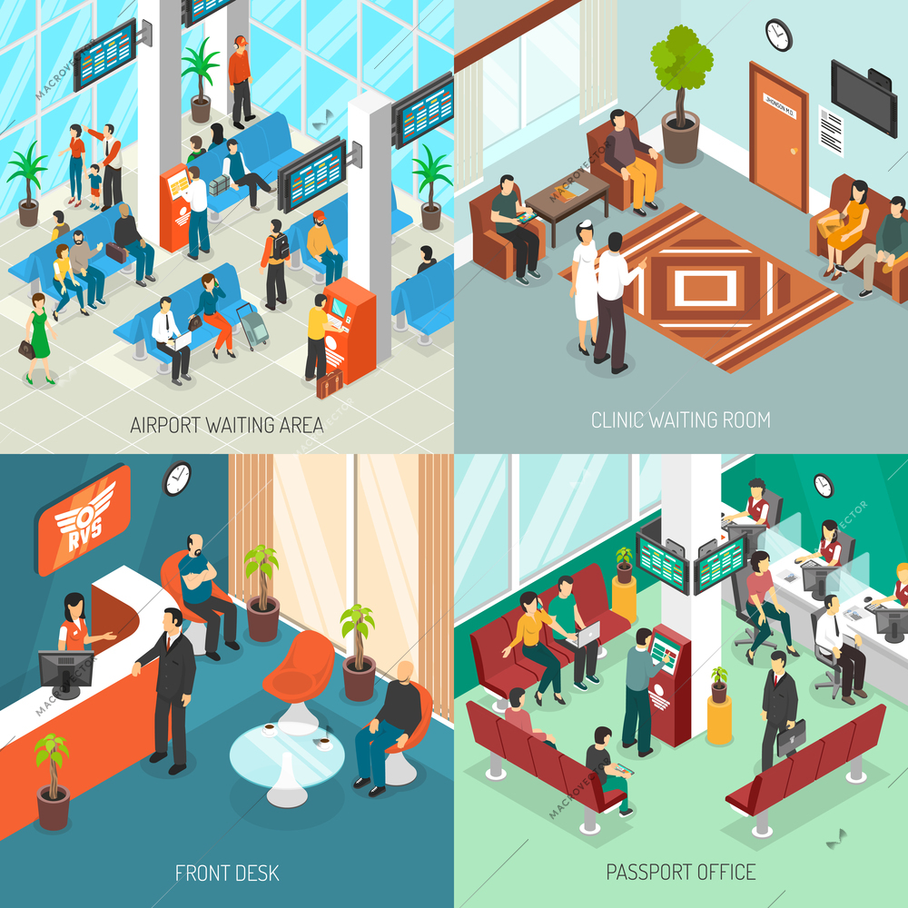 Set of isometric waiting areas in airport clinic and passport office near front desk isolated vector illustration