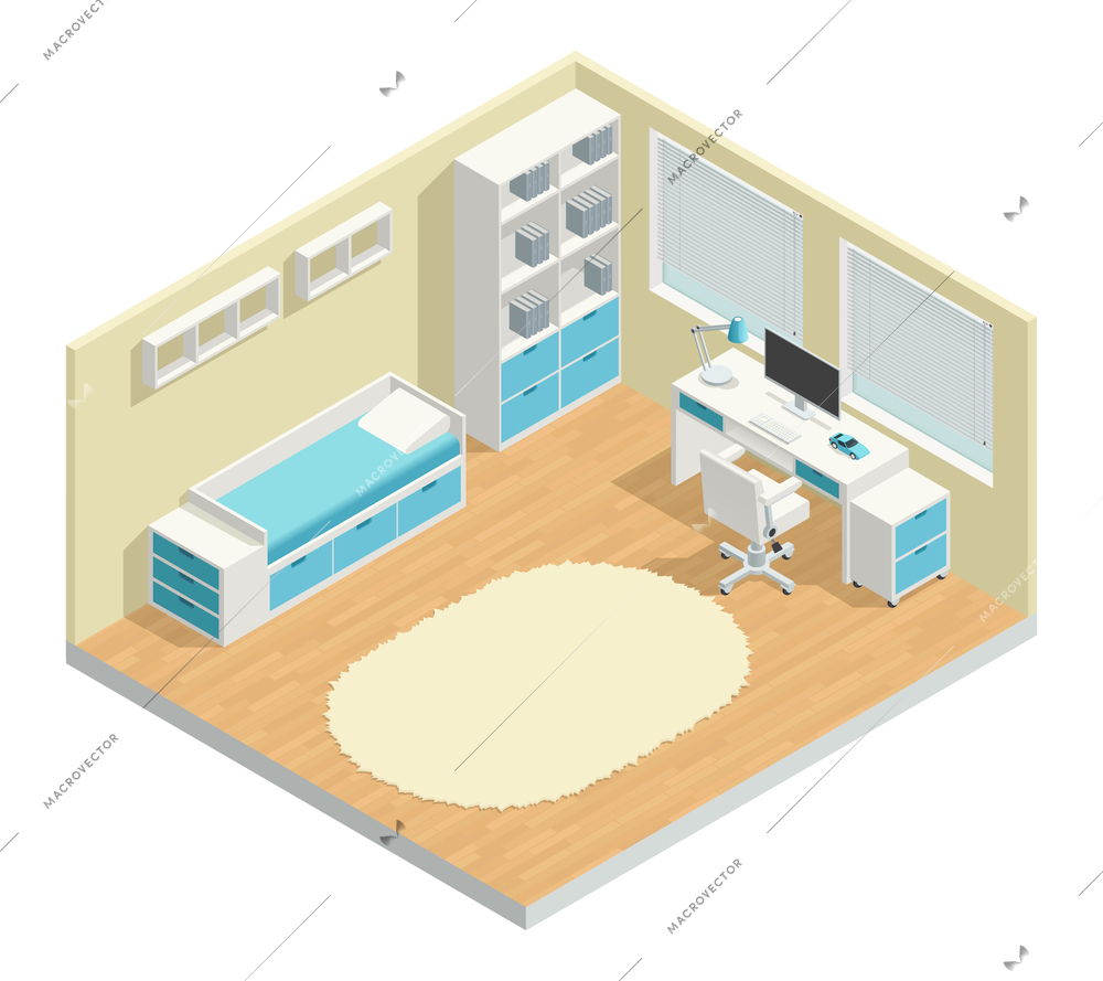 Kids room isometric composition with computer chair and lamp vector illustration