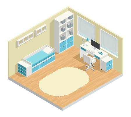 Kids room isometric composition with computer chair and lamp vector illustration