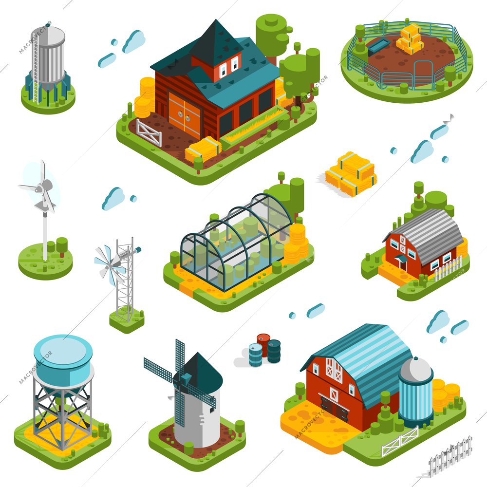Farm rural buildings isometric elements set with built structures and single isolated storage and cloud icons vector illustration