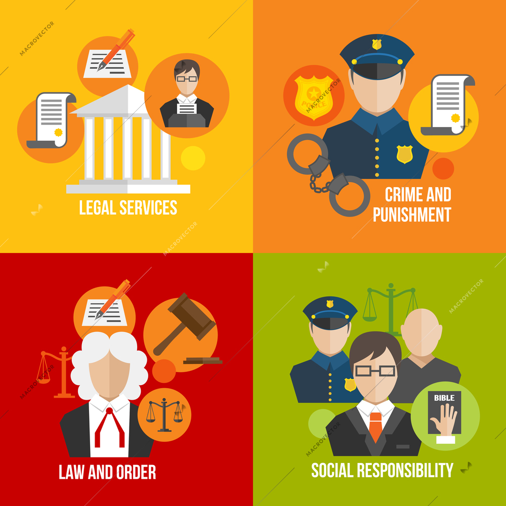 Legal services crime and punishment law and order social responsibility icons set isolated vector illustration