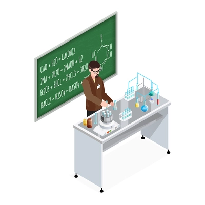 School composition with teacher character at table with test tubes and equipment with blackboard and formulas vector illustration