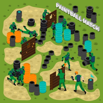 Paintball match with teams of players obstacles and heap of tires on game field isometric vector illustration