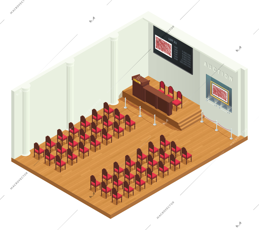 Retro style auction room isometric interior with luxury bidders chairs highlighted pictorial reproductions and auctioneers tribune vector illustration