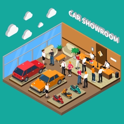 Car showroom with managers and customers computer equipment vehicles interior elements on turquoise background isometric vector illustration