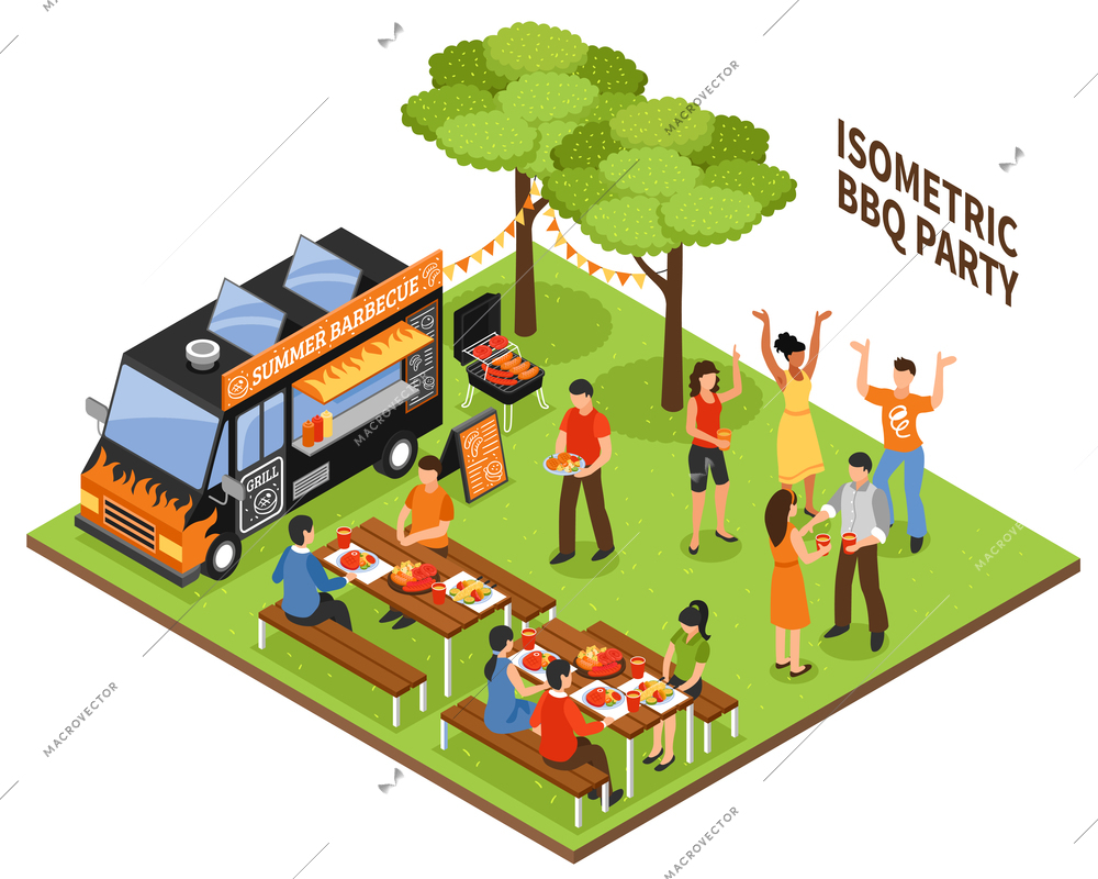 Isometric bbq party at nature with eating and dancing people vehicle and grill equipment 3d vector illustration