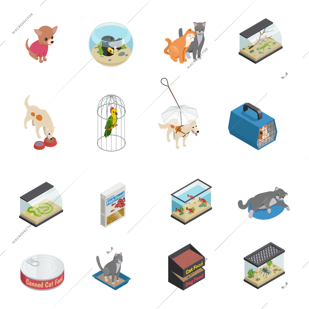 Pet shop isometric icons set with cats and dogs isolated vector illustration