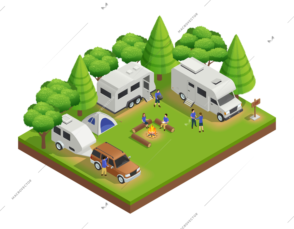 Recreational vehicles isometric composition with trailer people and forest vector illustration