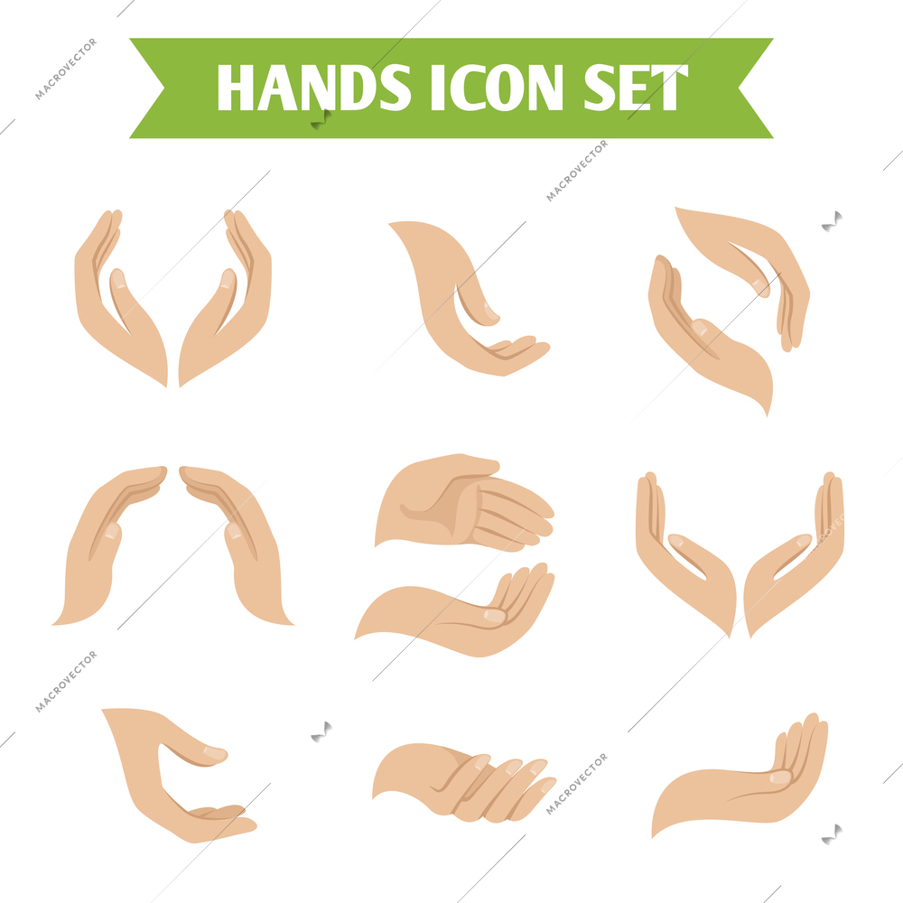 Hand holding and protect gestures icons set isolated vector illustration